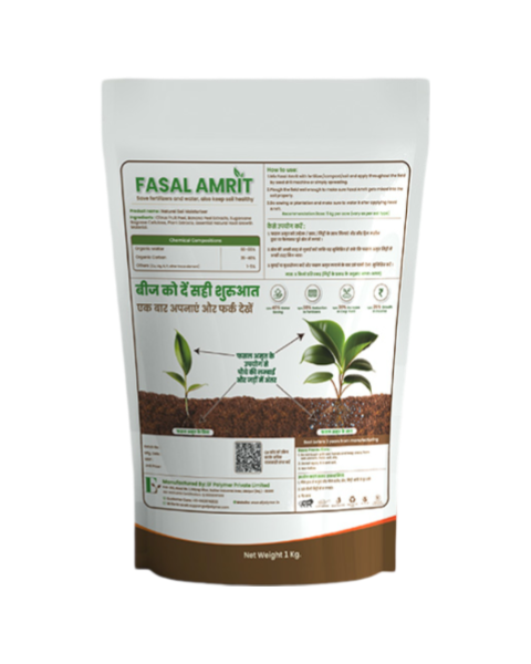 Back label of Fasal Amrit Soil Moisturiser showing 'How to Use' instructions in English and Hindi, chemical composition, and benefits like 40% water saving and 25% reduction in fertilizers.