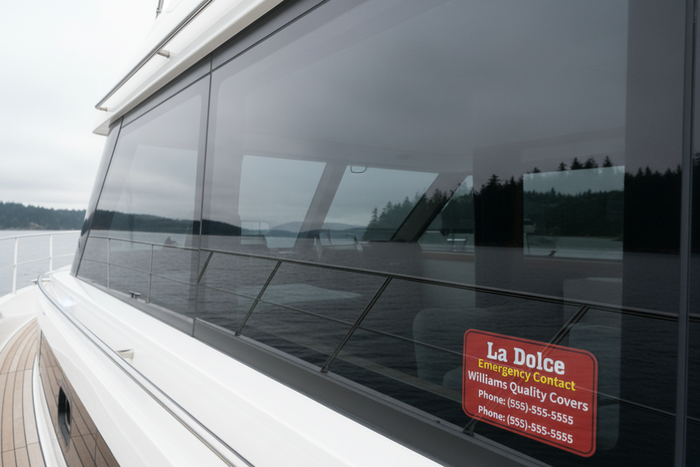 Red sign with 'La Dolce' and emergency contact information for Williams Quality Covers.