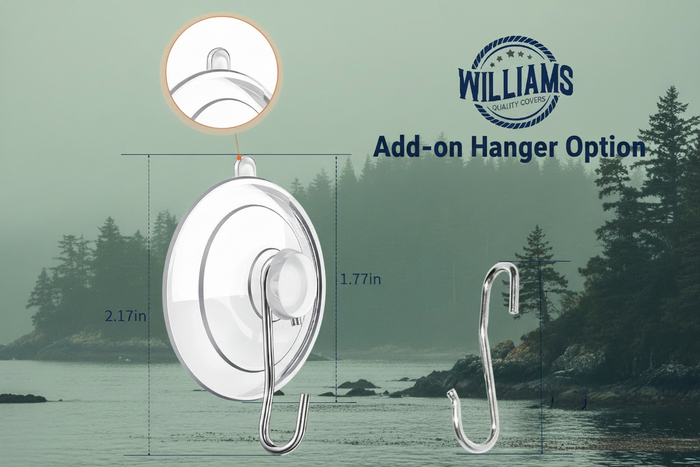 Suction cup hook with dimensions and Williams brand logo on a marine background