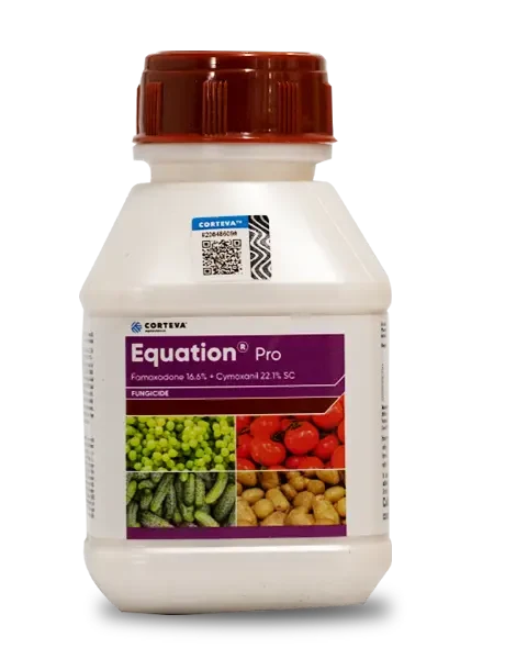 Corteva Equation Pro Fungicide bottle contains Famoxadone 16.6% + Cymoxanil 22.1% SC and showing Equation Pro technical name details in bottle label.