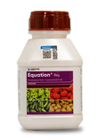 Corteva Equation Pro Fungicide bottle contains Famoxadone 16.6% + Cymoxanil 22.1% SC and showing Equation Pro technical name details in bottle label.