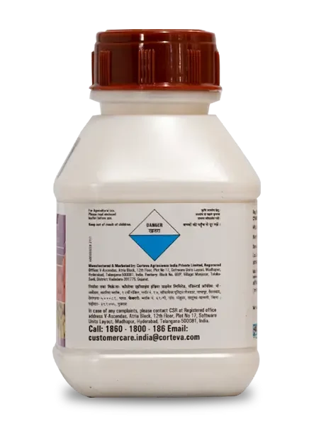 Label on Corteva Equation Pro Fungicide bottle showing manufacturer details in English and Hindi.