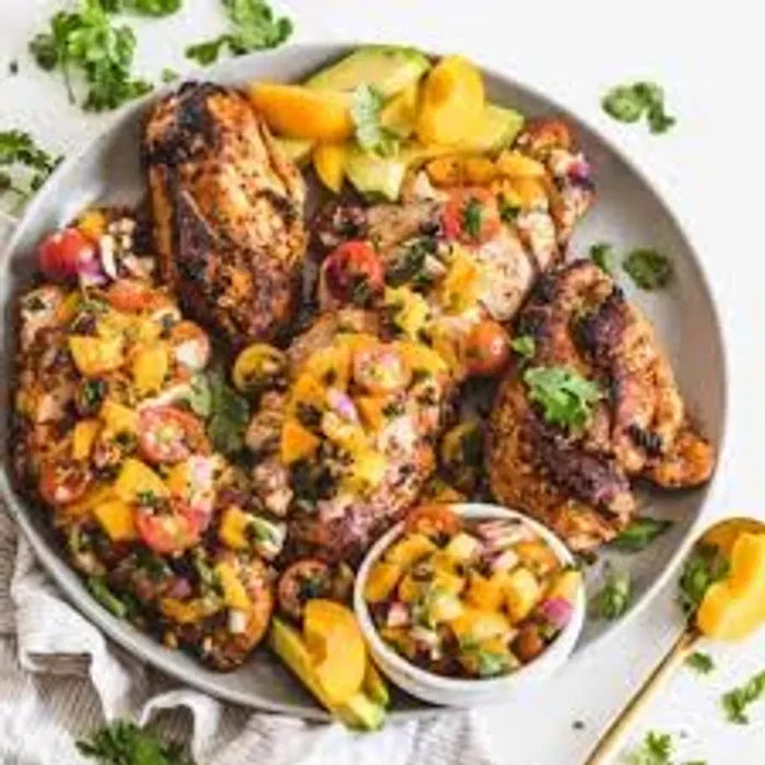 Fit Food - Blackened Chicken Thigh with Mango-Jalapeno Salsa & Creamy Cilantro Sauce