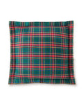 The Flannel Euro Sham in Kensington Tartan features a square shape with a green, red, yellow, and white tartan plaid pattern on a white background.