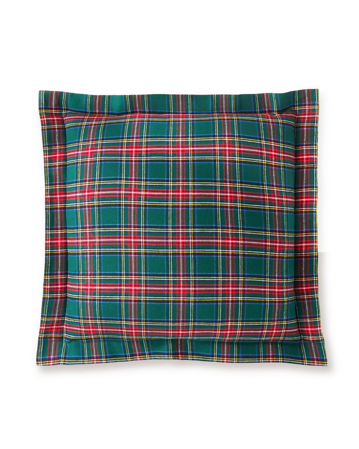 The Flannel Euro Sham in Kensington Tartan features a square shape with a green, red, yellow, and white tartan plaid pattern on a white background.