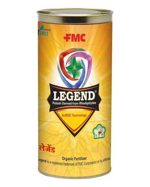 FMC Legend organic fertilizer container. Potash derived from Rhodophytes with SuRGE Technology. Features a shield logo and root-like background.