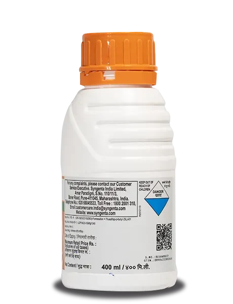 Fusiflex Herbicide bottle labeled with product and safety information, 400 ml bottle size.