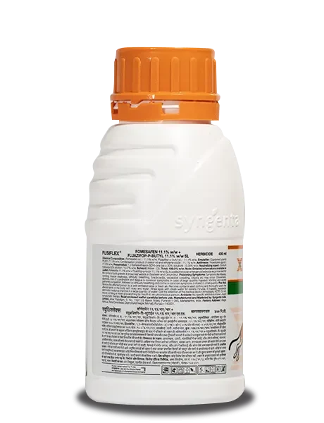 Label on Fusiflex Herbicide bottle showing Fusiflex technical name details and general information details in English and Hindi.