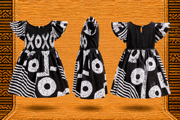 Girls’ Black &amp; White African Print Flutter-Sleeve Dress