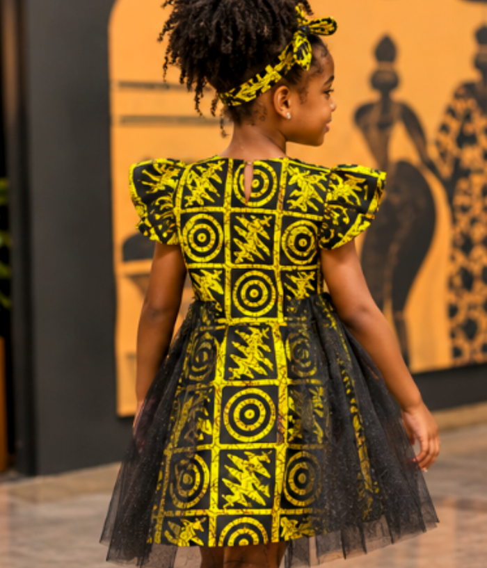 Girls’ Yellow &amp; Black African Print Tulle Dress