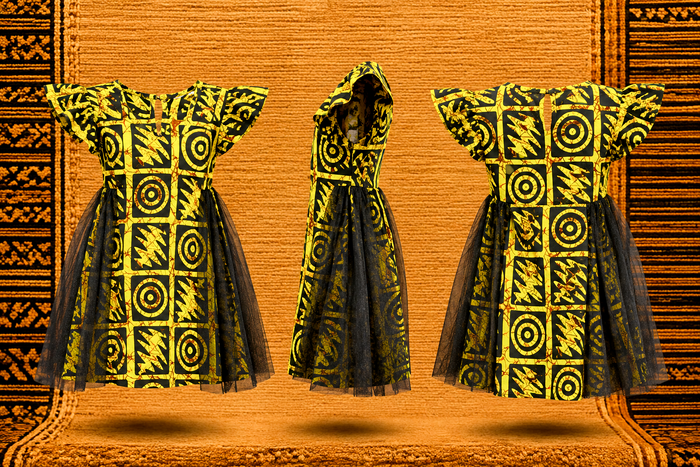 Girls’ Yellow &amp; Black African Print Tulle Dress