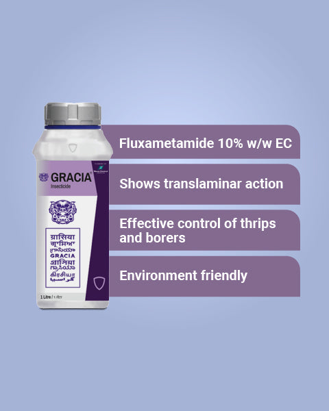 Image showing chemical content and characteristics of Gracia Fluxametamide 10 EC Insecticide.