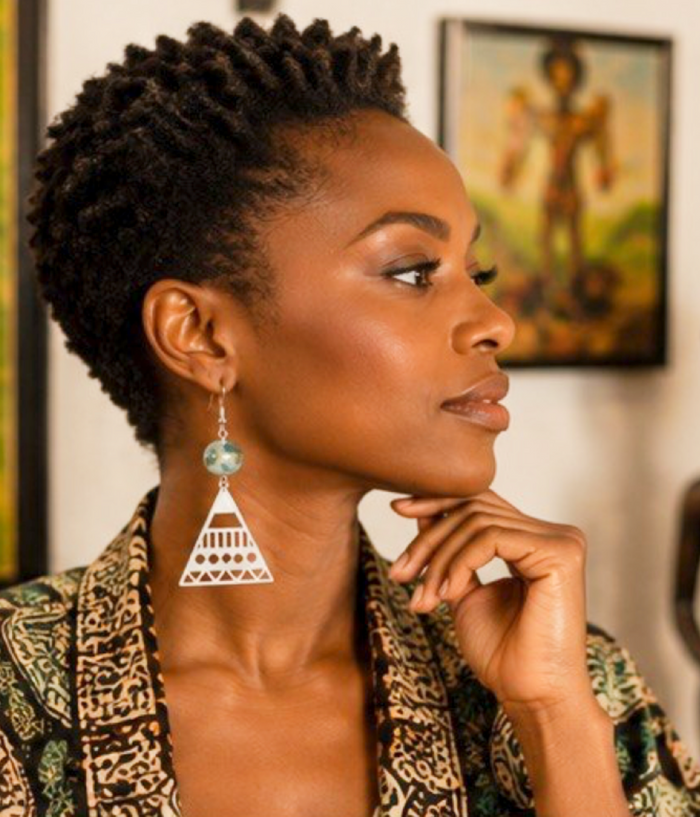 Green Stone & Silver Geometric Triangle Drop Earrings