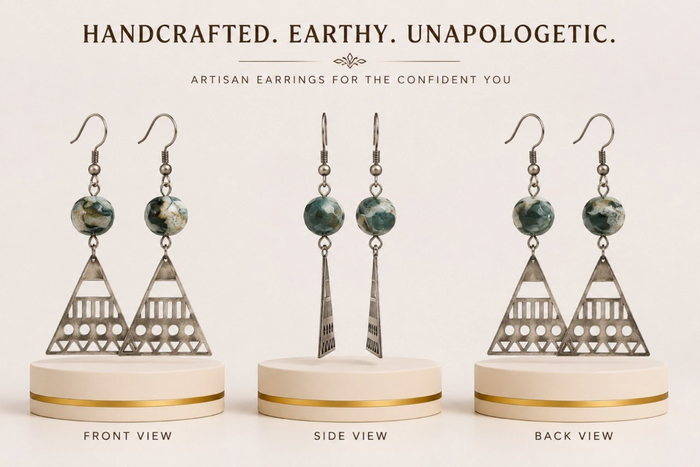 Green Stone & Silver Geometric Triangle Drop Earrings