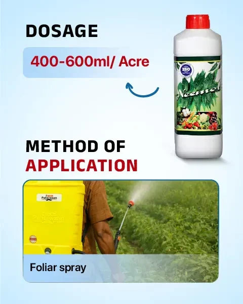 Neemol bio Insecticide recommended dosage 400–600 ml per acre through foliar spray