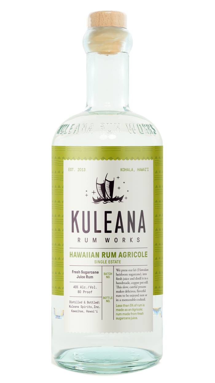 A bottle of Kuleana Rum Works Hawaiian Rum Agricole single stack rum, featuring a light green label with a white center panel and a cork stopper, shown on a white background.