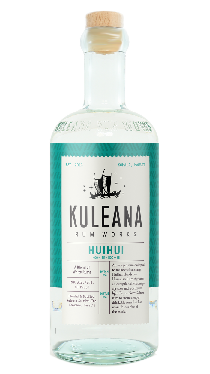 A bottle of Kuleana Rum Works Huihui rum on a plain white background. The clear glass bottle features a light wood cork stopper and a label with a teal background and a white central panel containing black text.