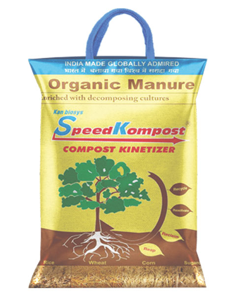 Kan Biosys SpeedKompost Organic Manure compost kinetizer bag featuring a tree graphic with strong roots and a cycle diagram.