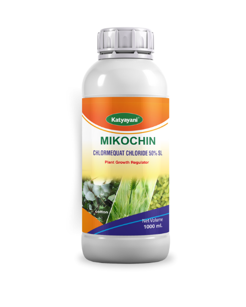 Katyayani MIKOCHIN Chlormequat Chloride 50% SL plant growth regulator bottle, showing cotton and crop graphics, 1000ml.