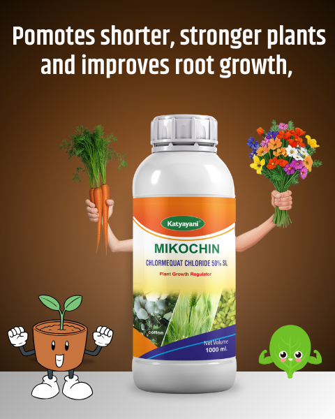 Promotional banner for Katyayani MIKOCHIN plant growth regulator, showing a bottle with arms holding carrots and flowers.