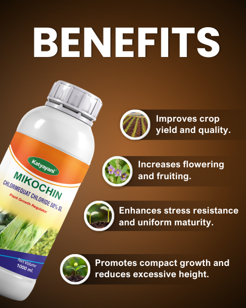 Katyayani MIKOCHIN plant growth regulator benefits banner listing crop yield, flowering, stress resistance, and compact growth.