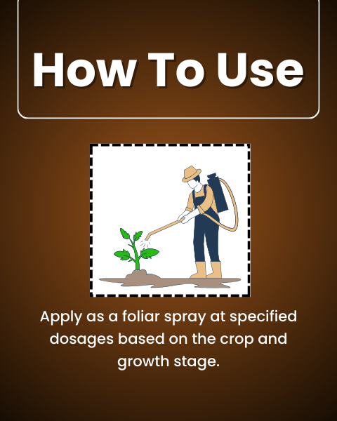 Instructional infographic demonstrating how to apply foliar spray to a crop using a backpack sprayer system.