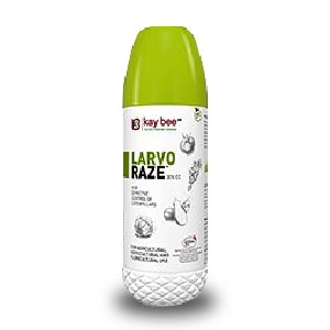 Kay Bee Larvo Raze botanical insecticide bottle with a green cap and white label for caterpillar control.