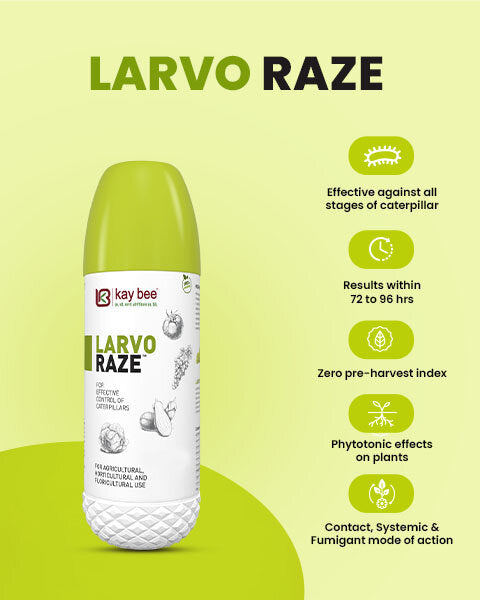 Kay Bee Larvo Raze insecticide bottle next to product benefits icons on a light green background.
