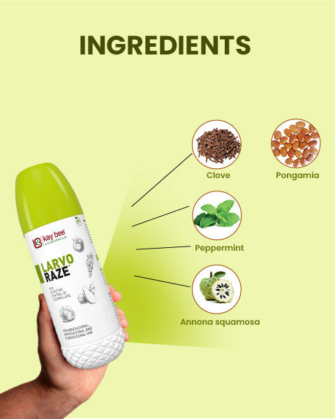 Hand holding a Kay Bee Larvo Raze bottle next to circular icons showing clove, peppermint, Annona squamosa, and pongamia.