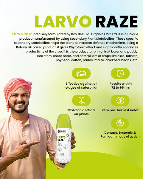 A smiling Indian farmer pointing to a Kay Bee Larvo Raze insecticide bottle, displayed with product descriptions and benefit icons.
