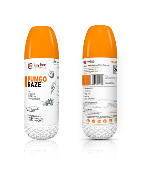 Front and back view of a Kay Bee Fungo Raze agricultural fungicide bottle with an orange cap on a white background.