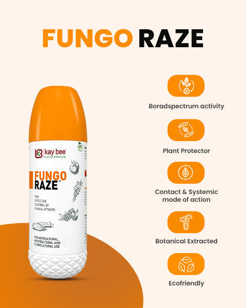 Kay Bee Fungo Raze infographic highlighting product features like broadspectrum activity and eco-friendly benefits.