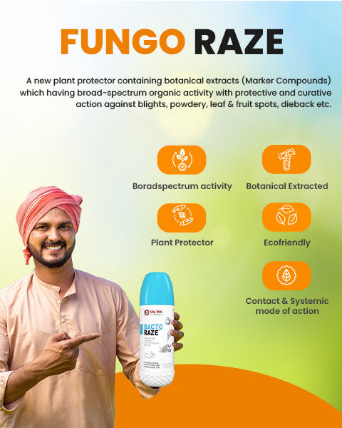 Fungo Raze infographic showing a smiling farmer pointing to a Bacto Raze bottle alongside product features.