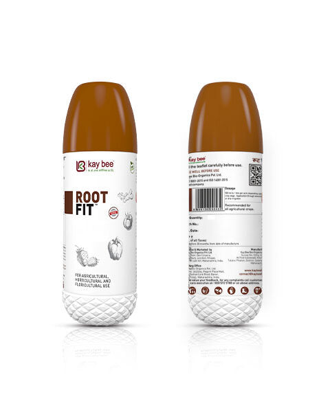 Kay Bee Bio-Organics ROOT FIT bottle mock-up displaying benefits for root development and soil health on a brown background.