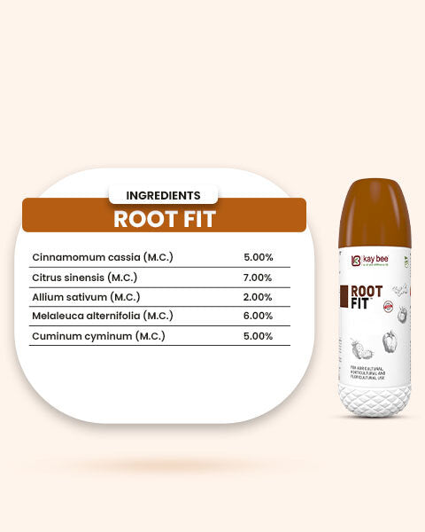 Kay Bee Root Fit agricultural product bottle next to its ingredient breakdown chart showing botanical extracts and percentages.