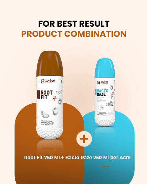Kay Bee Root Fit 750 ML and Bacto Raze 250 ML product combination recommendation for best agricultural results per acre.