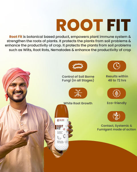 Smiling Indian farmer pointing at Kay Bee Root Fit bottle with text highlighting benefits like soil-borne fungi control.