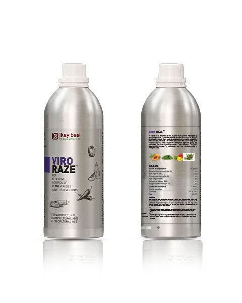 Front and back labels of Kay Bee Bio-Organics Viroraze metallic bottle showing ingredients and crop usage details.