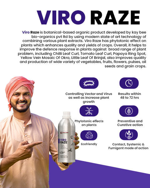Farmer pointing at a bottle of Viro Raze organic plant protection product, showcasing its features and benefits.