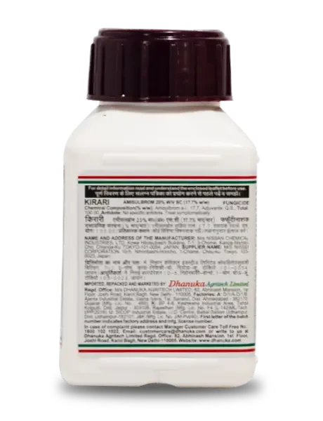 Label on Kirari Fungicide bottle label showing chemical composition and general information details in English and Hindi.
