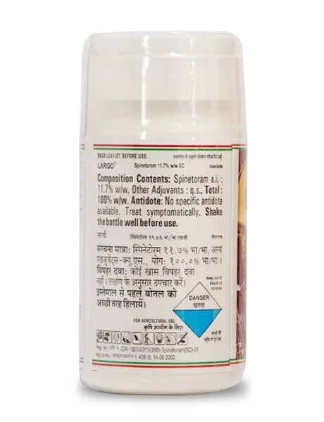 Label information about Dhanuka Largo in English and Hindi