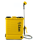 Yellow Lion brand knapsack agricultural battery sprayer with spray wand and nozzle, isolated on a white background.