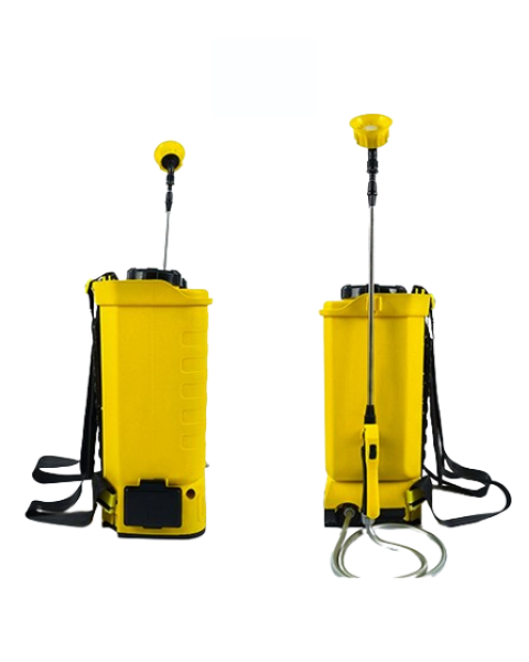 Two side views of a yellow knapsack agricultural battery sprayer with shoulder straps, isolated on a white background.