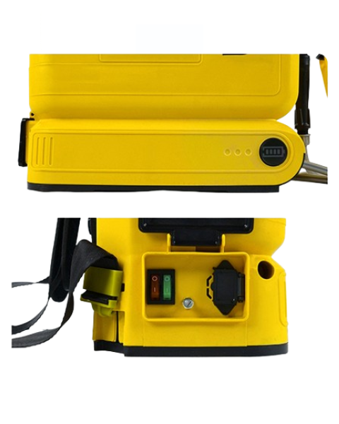 Close-up views of a yellow battery sprayer showing the battery indicator light, dual power switches, and charging port.