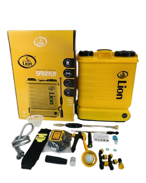 Yellow Lion brand knapsack battery sprayer shown next to its packaging box with unboxed accessories on a white background.