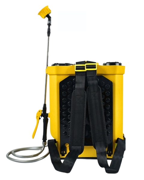 Rear view of a yellow knapsack agricultural sprayer showing padded shoulder straps and backrest, isolated on white.