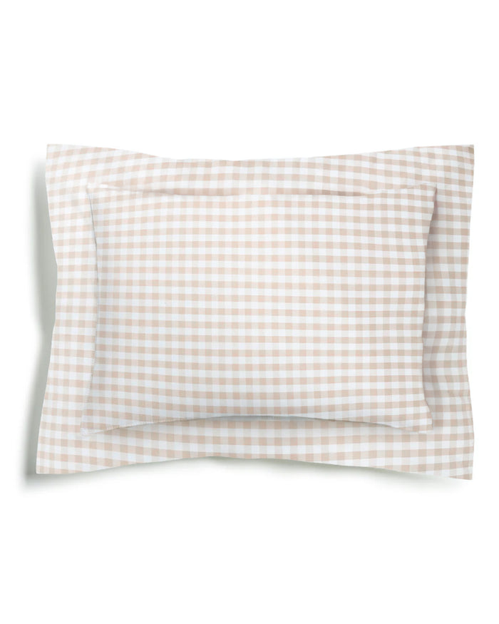 The Luxe Premium Percale Decorative Pillow in Camel Gingham features a beige and white checkered pattern with a flange edge, displayed against a white background.