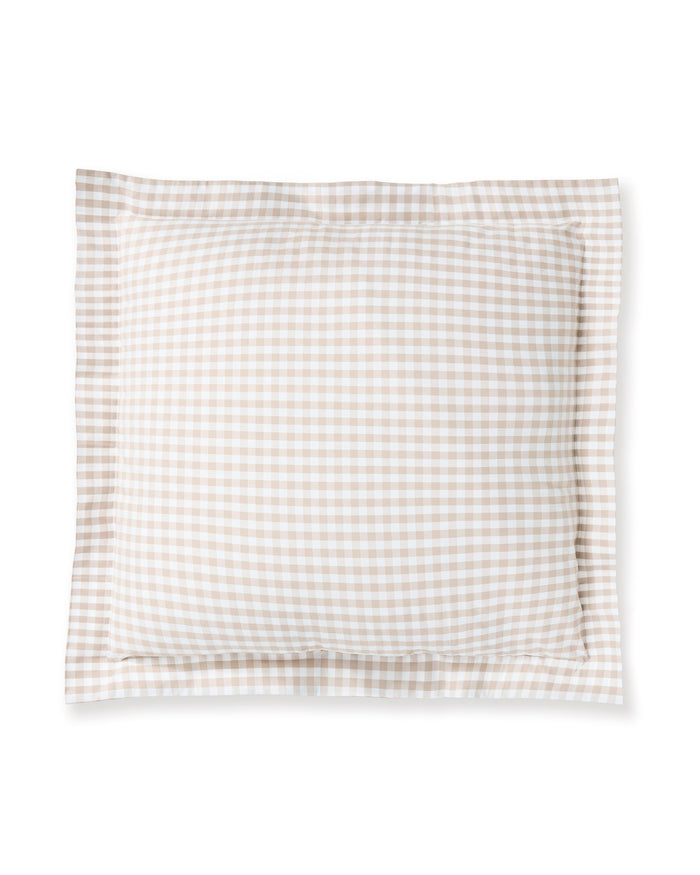 The Luxe Premium Percale Euro Sham in Camel Gingham features a rectangular shape, beige and white gingham check pattern, and flanged edge, shown against a white background.
