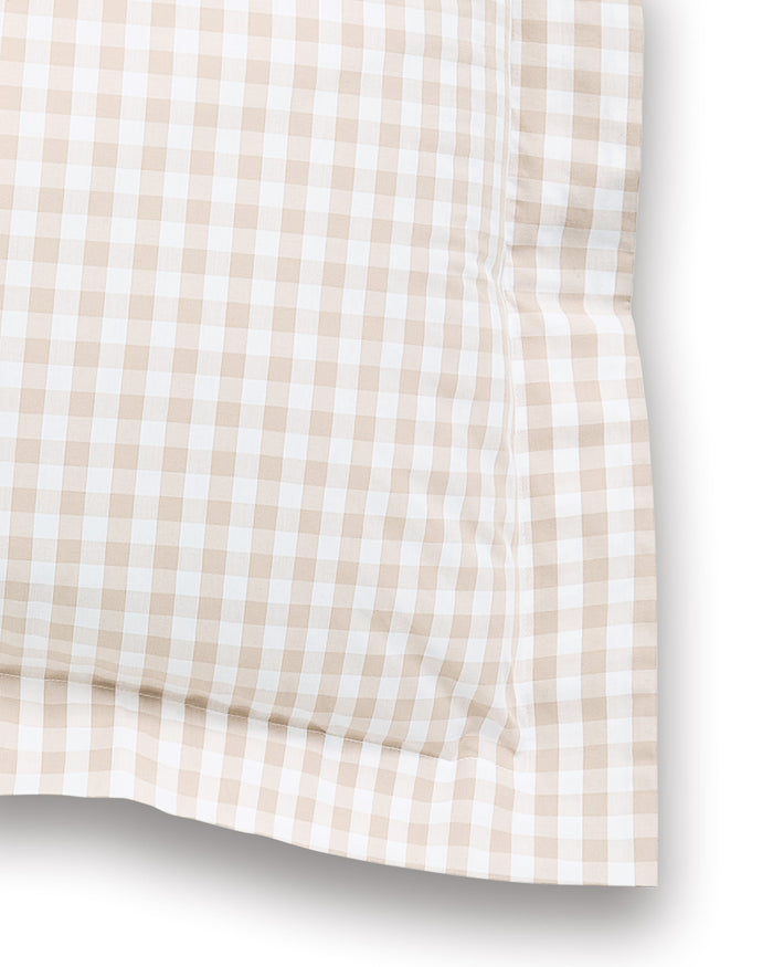 The Luxe Premium Percale Euro Sham in Camel Gingham features a rectangular shape, beige and white gingham check pattern, and flanged edge, shown against a white background.