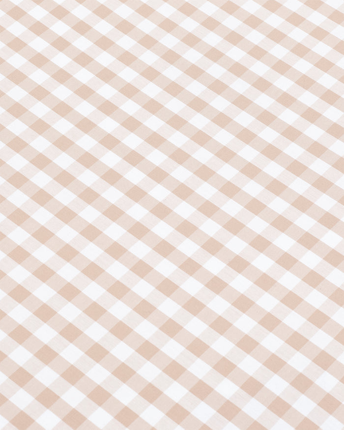 Two Luxe Premium Percale Pillow Cases in Camel Gingham, featuring a beige and white checkered design, are stacked on top of each other against a plain white background.
